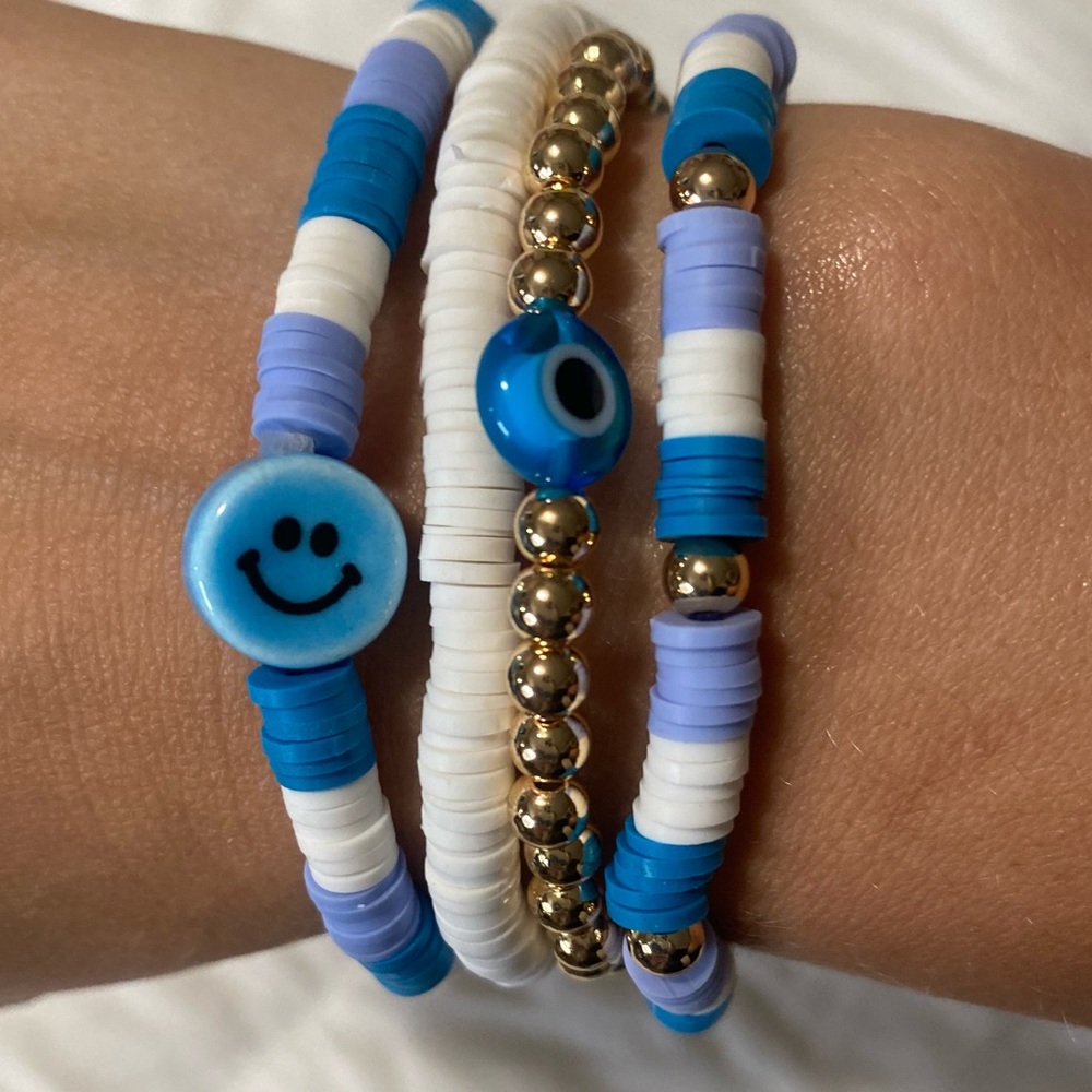 Blue & lavender smiley face & stackable bracelets - Picture 3 of 4